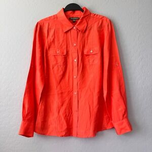 Tommy Bahama 100% Silk Button Down Shirt Top Roll Tab‎ Sleeves Coral Medium